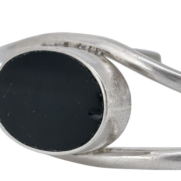 Vintage Mexico Sterling Silver 925 Black Obsidian Cuff Bracelet 6.75" - Picture 5 of 8